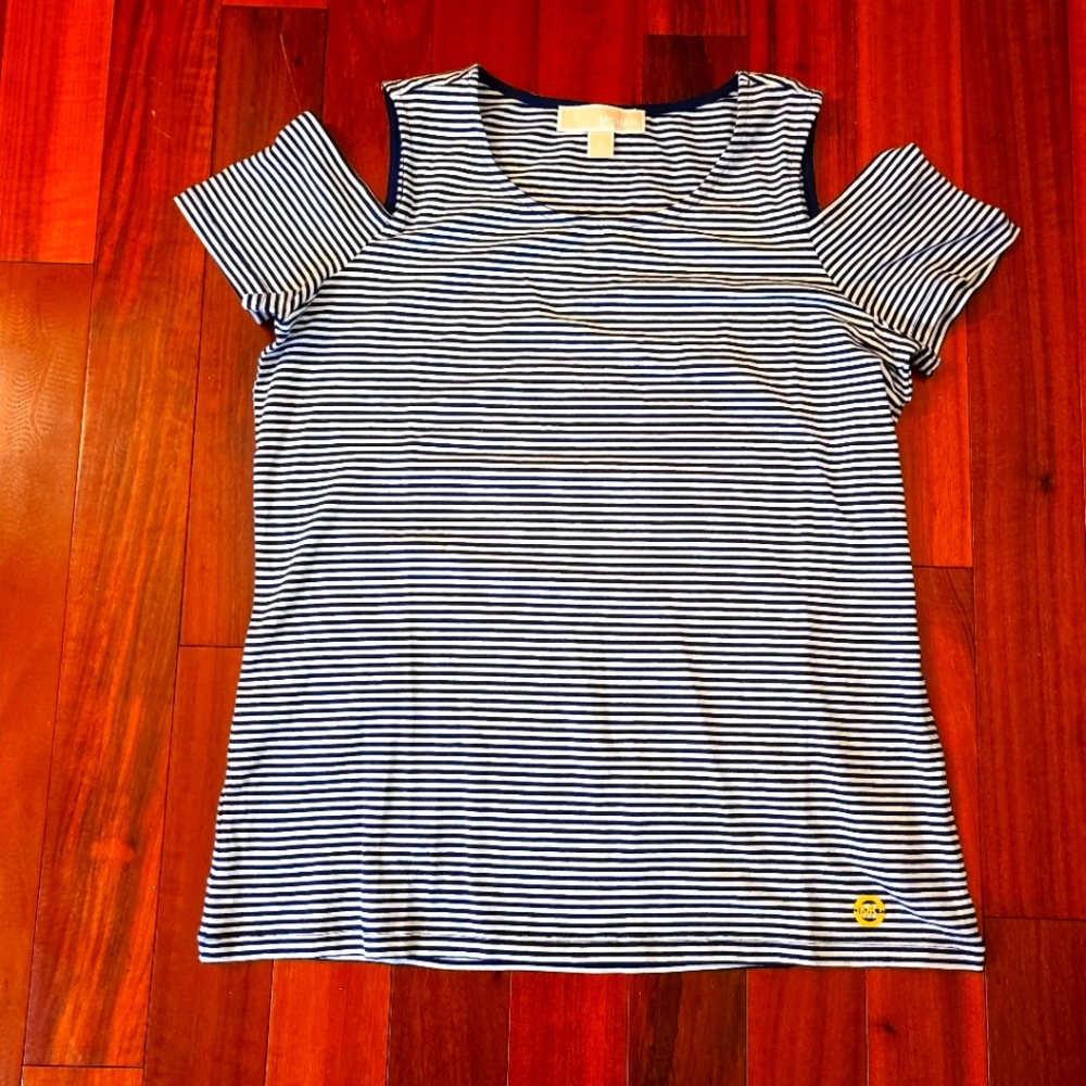 Michael Kors M Blue White Striped Cold Shoulder Top Nautical Casual Festival